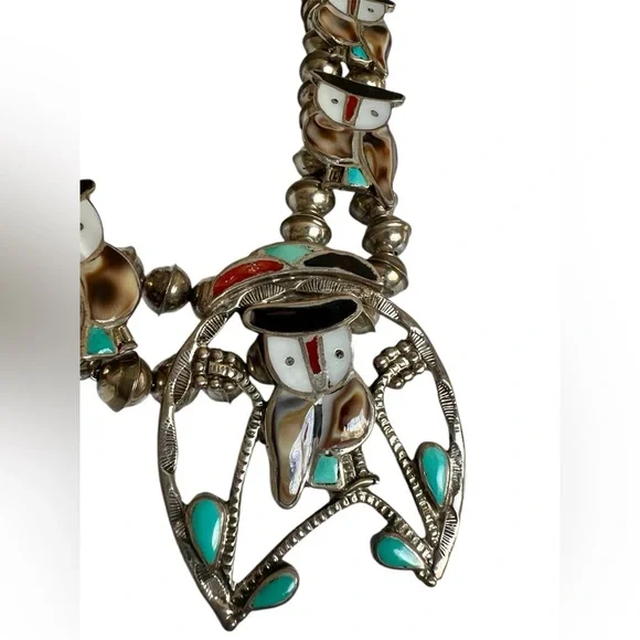 Sterling Silver Zuni Inlay Owl Squash Blossom Necklace Signed PITKIN PW NATEWA